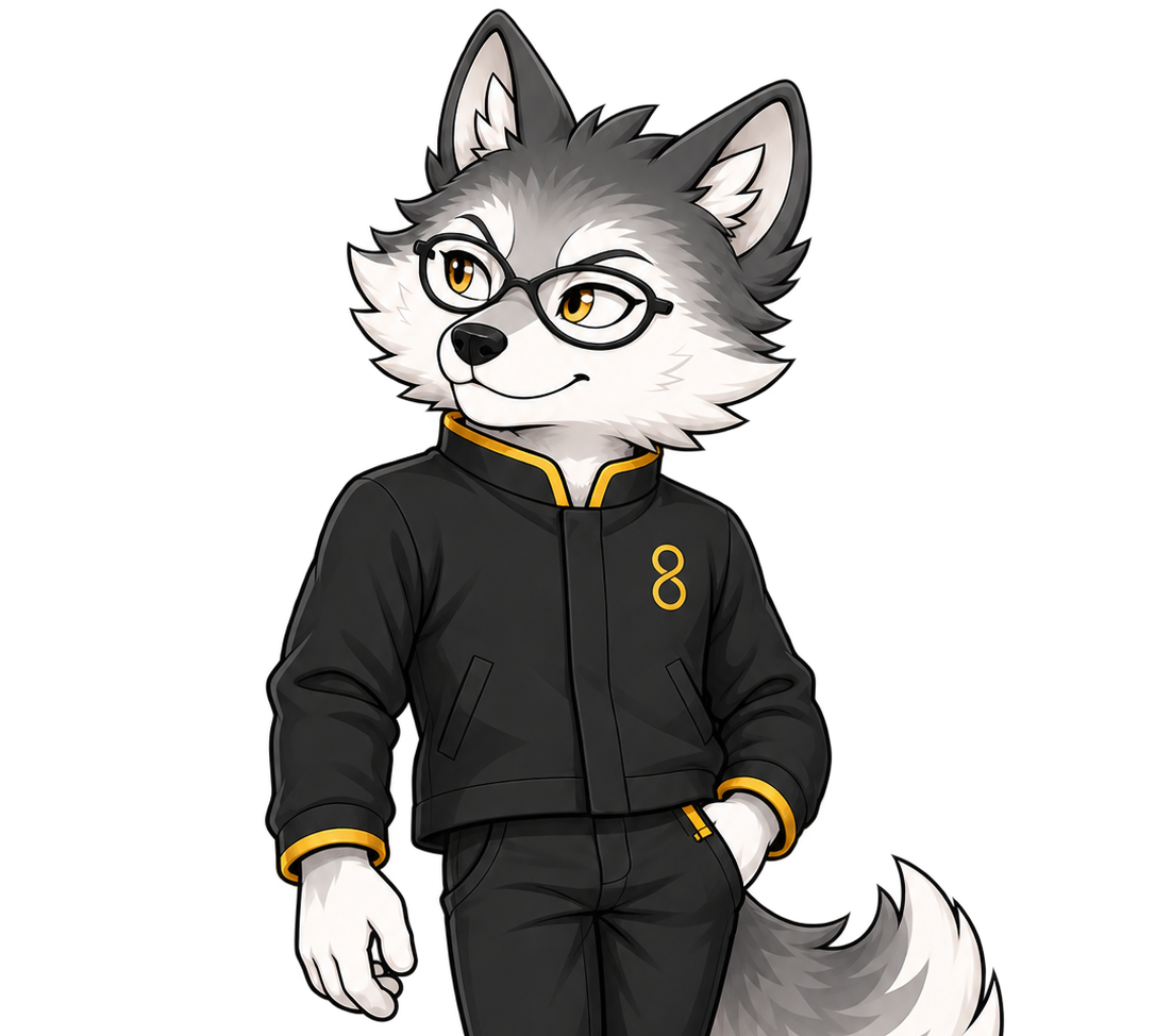 Wolfie standing casually and looking left
